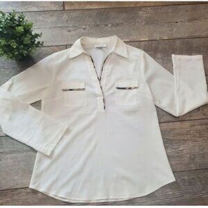 Calvin Klein Off White Pullover Collared Top with Animal Print Trim, Size L